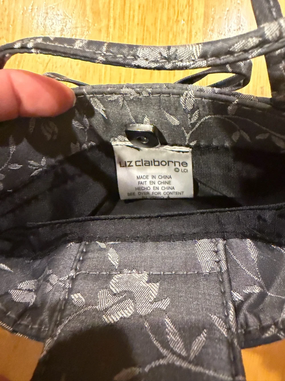 Liz Claiborne Black Floral Jacquard Hand Bag with Bow Detail